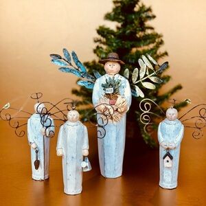 Vintage Shabby Chic Handmade White Painted Wood Gardening Angels Lot Of 4